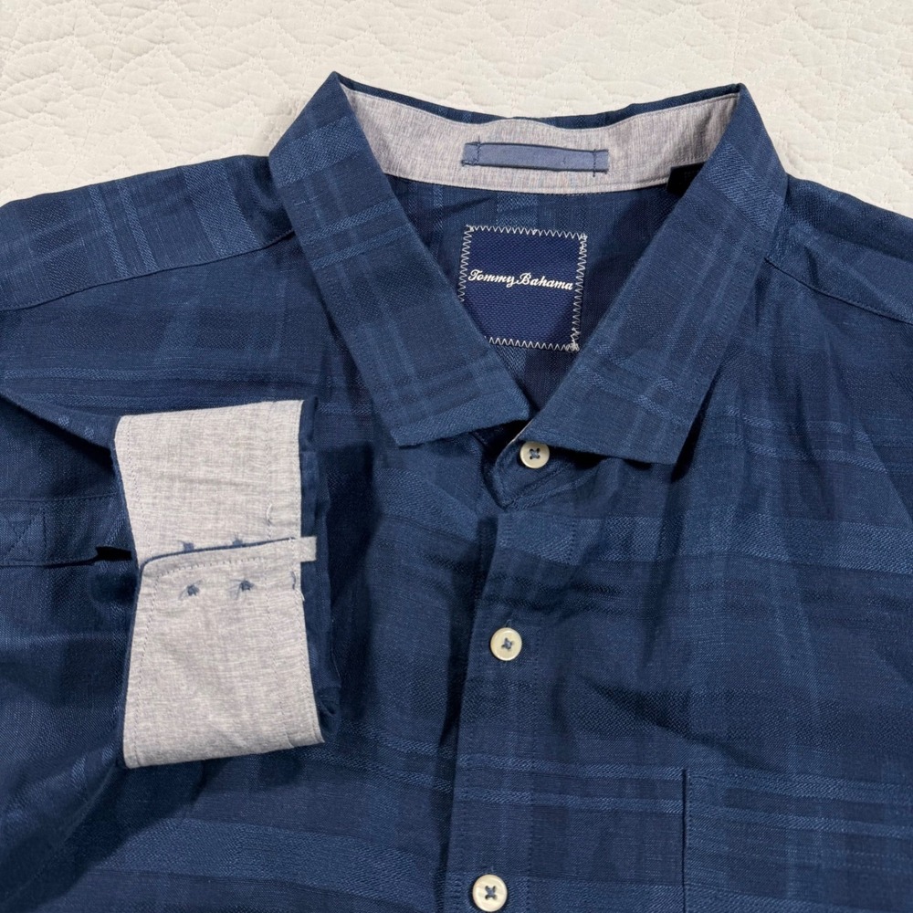 NWOT Tommy Bahama Mens 3XB Blue Plaid‎ Linen Cotton Long Sleeve Button Up Shirt